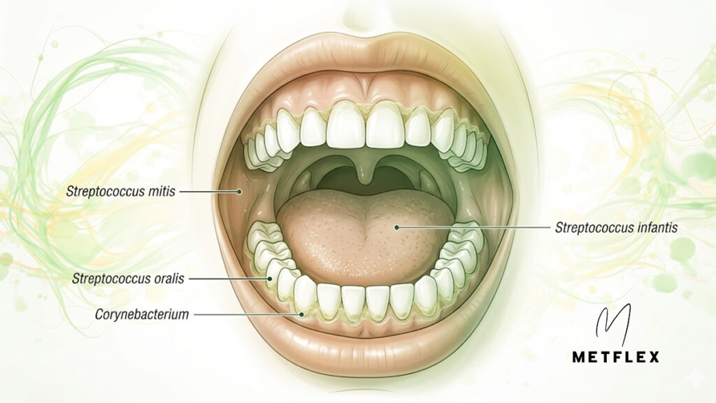 Ilustrace ústní dutiny s vyznačením bakterií ústního mikrobiomu (Streptococcus mitis, Streptococcus oralis, Corynebacterium, Streptococcus infantis) na Metflex.cz, od Mgr. Lady Krčilové, mentální koučky zdraví